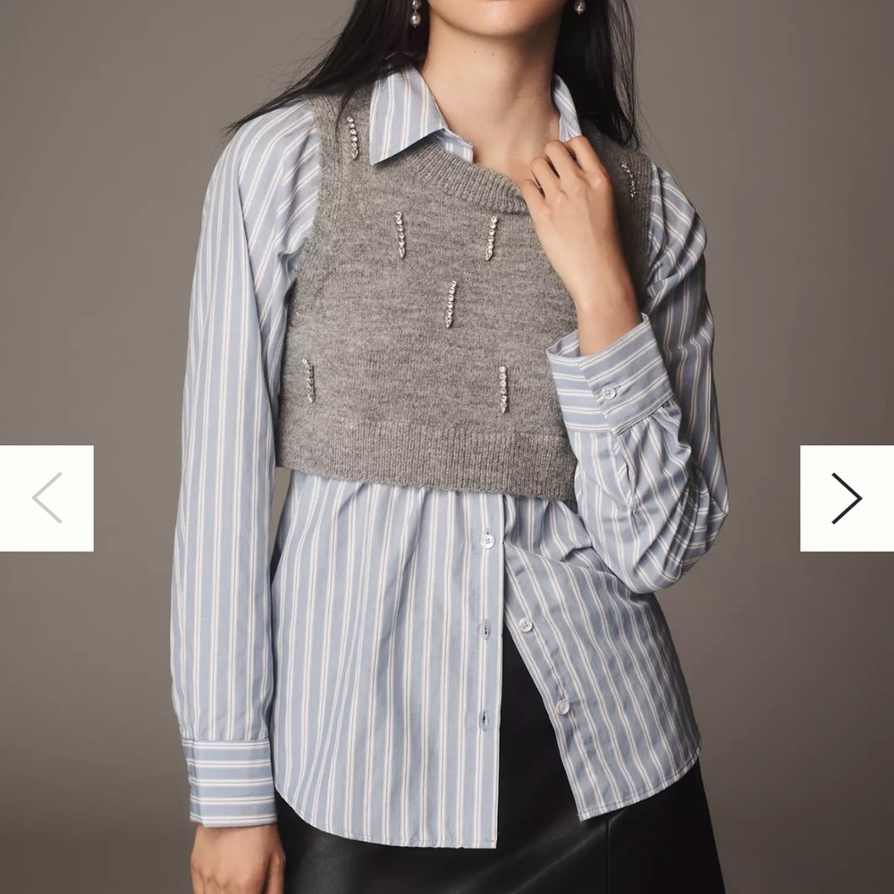 Maeve Embellished Crop Vest & Buttondown Twofer Top